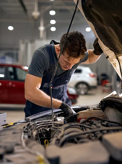 Mécanicien inspectant moteur de voiture dans un garage automobile.