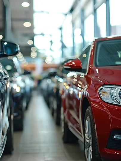 Voitures neuves alignées dans un garage automobile bien éclairé.
